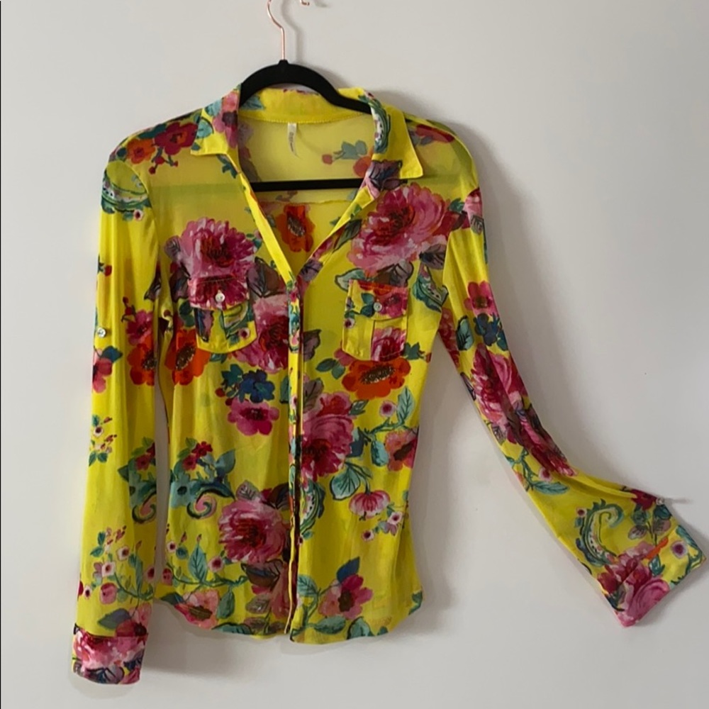 Bright yellow floral pattern see through blouse